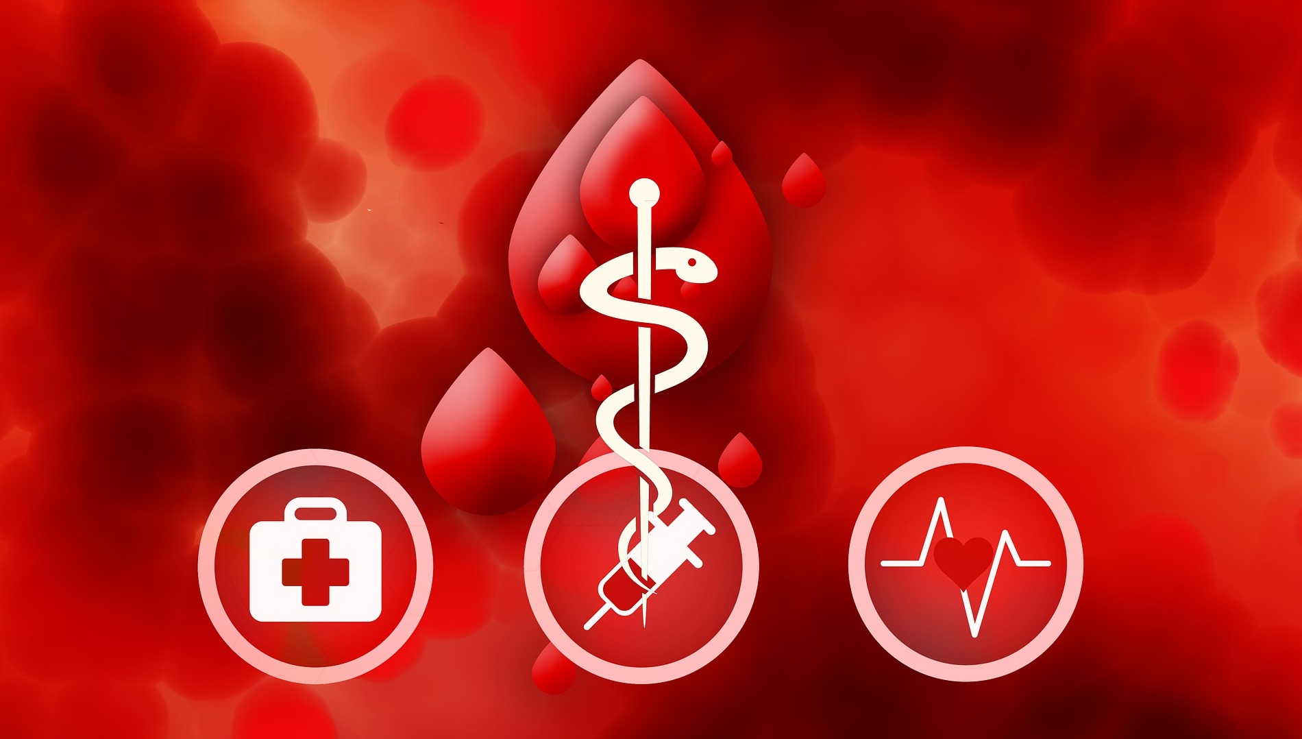 Mehrere Symbole (Erste-Hilfe-Koffer, Aeskulapstab, Spritze, Herzfrequenz) vor roten Blutstropfen