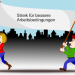 Zwei Personen tragen ein Transparenz "Streik für bessere Arbeitsbedingungen", im Hintergrund ist die Silhouette einer beliebigen Stadt zu sehen