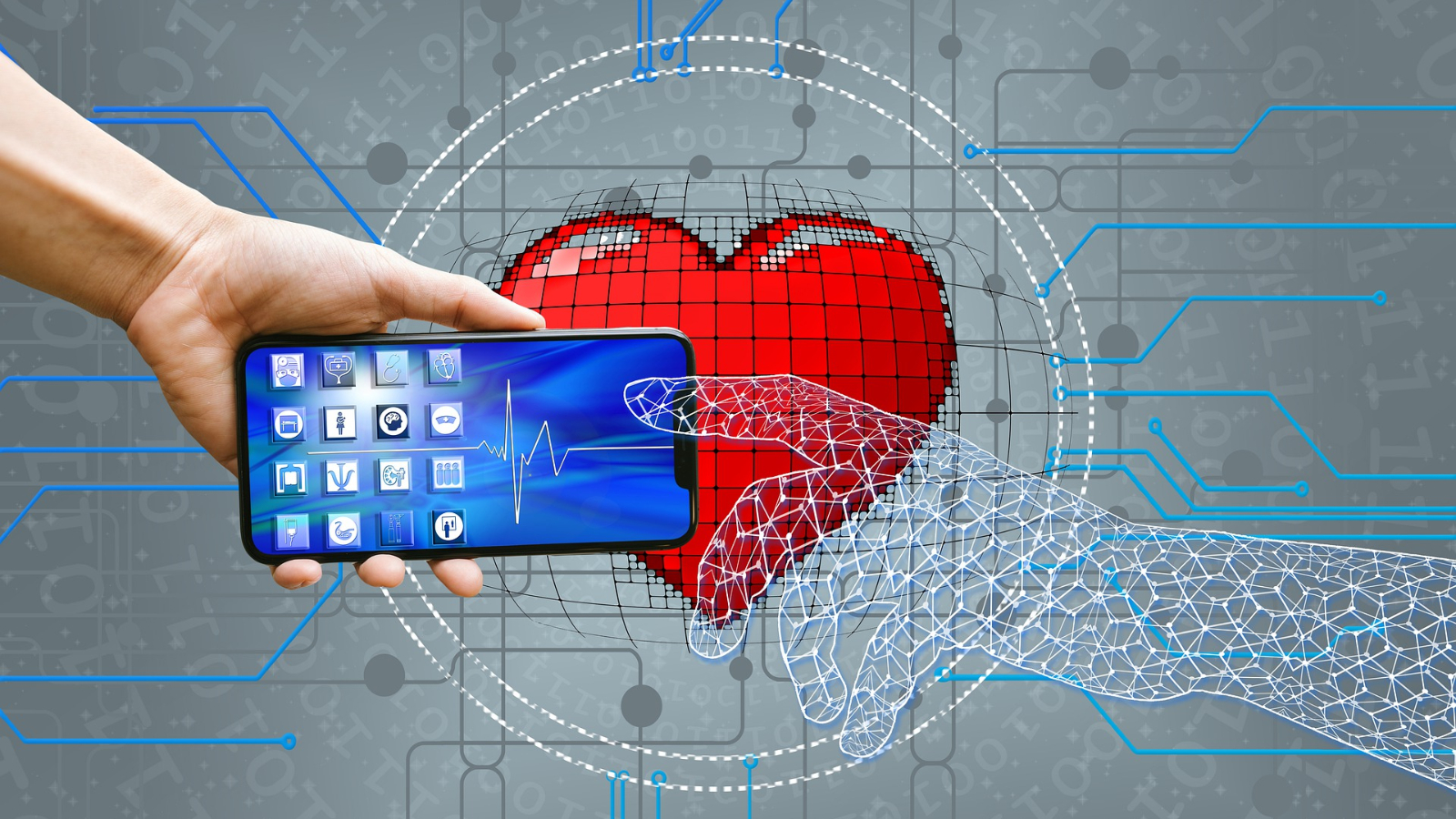 Grafik: Vor einem pixeligen Herz hält von links kommend eine Hand ein Smartphone mit einer stilisierten Darstellung einer EKG-Kurve hin, auf die eine über Vektorzeichnung nachgebildete, durchsichtige Hand auf das Smartphone zeigt