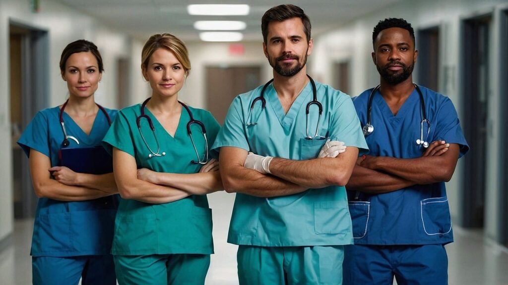 Vier Pflegende in Berufskleidung stehen auf einem Gang in einer Pflegeeinrichtung. Sie alle gaben Stetoskope um den Hals gelegt und die Arme verschränkt