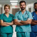 Vier Pflegende in Berufskleidung stehen auf einem Gang in einer Pflegeeinrichtung. Sie alle gaben Stetoskope um den Hals gelegt und die Arme verschränkt